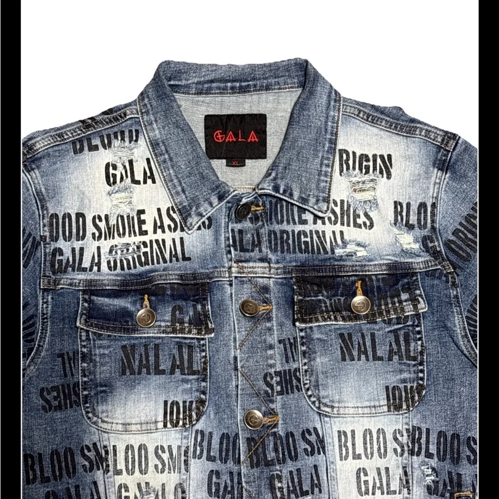 GALA Graphic Denim Jacket Blue Black Print Size M Streetwear